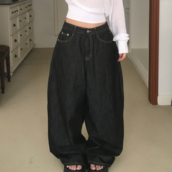 デニム ノーフェイドフードバルーンワイドパンツ BLACK DENIM