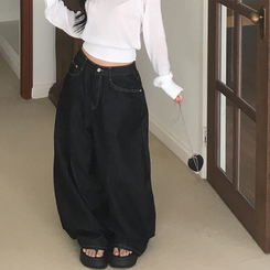 デニム ノーフェイドフードバルーンワイドパンツ BLACK DENIM