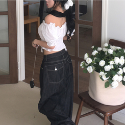 デニム ノーフェイドフードバルーンワイドパンツ BLACK DENIM
