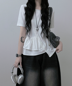 半袖Tシャツ アンバランスフリルラウンド半袖Tシャツ WHITE