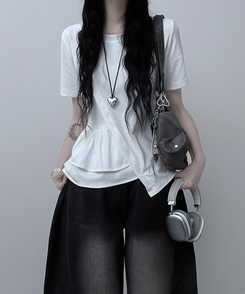 半袖Tシャツ アンバランスフリルラウンド半袖Tシャツ WHITE