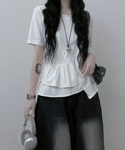 半袖Tシャツ アンバランスフリルラウンド半袖Tシャツ WHITE