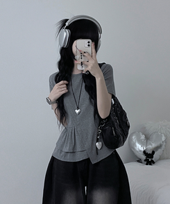 半袖Tシャツ アンバランスフリルラウンド半袖Tシャツ GREY