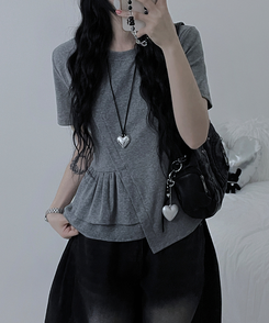 半袖Tシャツ アンバランスフリルラウンド半袖Tシャツ GREY