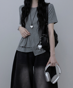 半袖Tシャツ アンバランスフリルラウンド半袖Tシャツ GREY