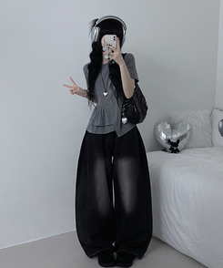 半袖Tシャツ アンバランスフリルラウンド半袖Tシャツ GREY