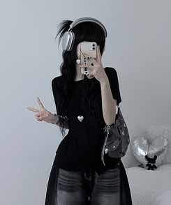 半袖Tシャツ アンバランスフリルラウンド半袖Tシャツ BLACK