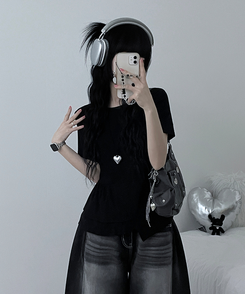 半袖Tシャツ アンバランスフリルラウンド半袖Tシャツ BLACK