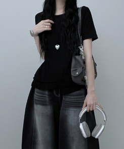 半袖Tシャツ アンバランスフリルラウンド半袖Tシャツ BLACK