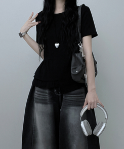 半袖Tシャツ アンバランスフリルラウンド半袖Tシャツ BLACK