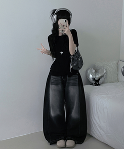半袖Tシャツ アンバランスフリルラウンド半袖Tシャツ BLACK