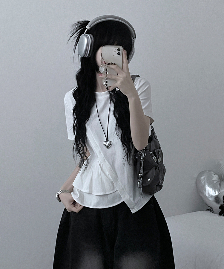 アンバランスフリルラウンド半袖Tシャツ WHITE