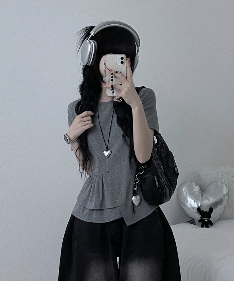 アンバランスフリルラウンド半袖Tシャツ GREY