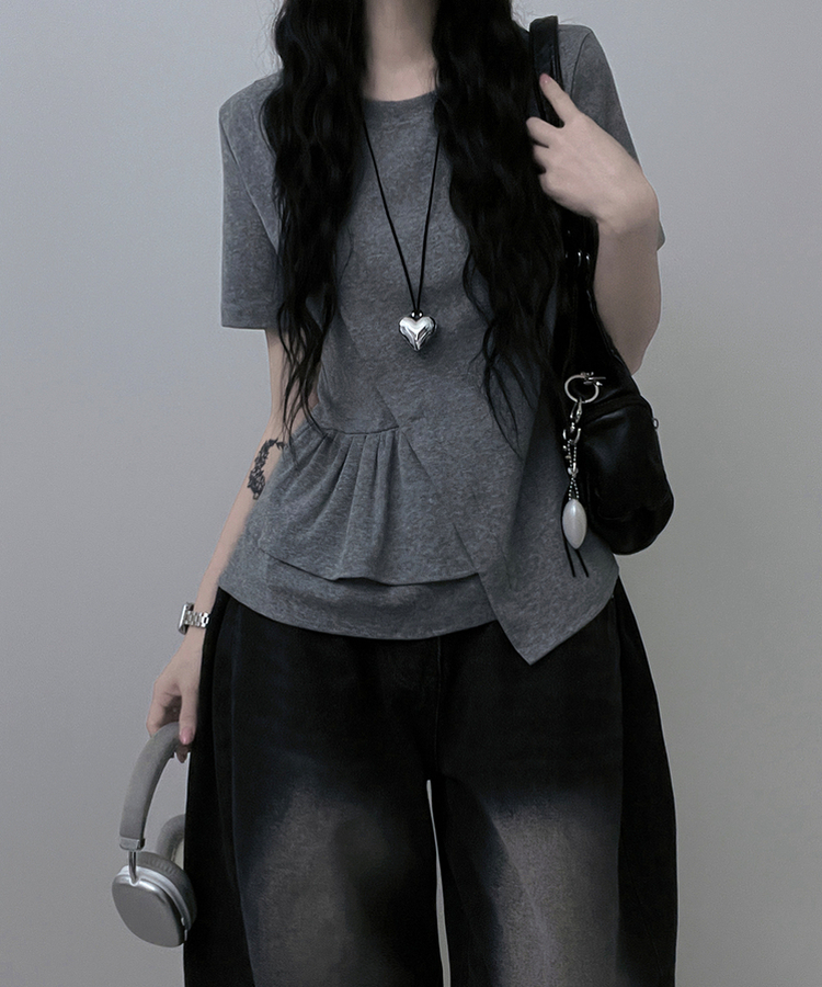 アンバランスフリルラウンド半袖Tシャツ GREY