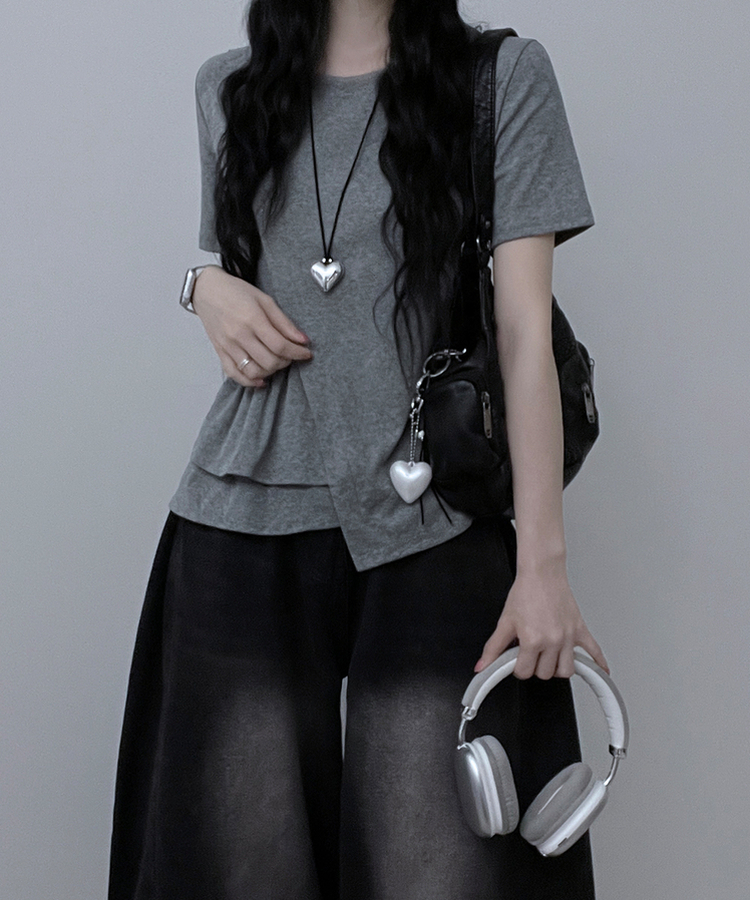 アンバランスフリルラウンド半袖Tシャツ GREY