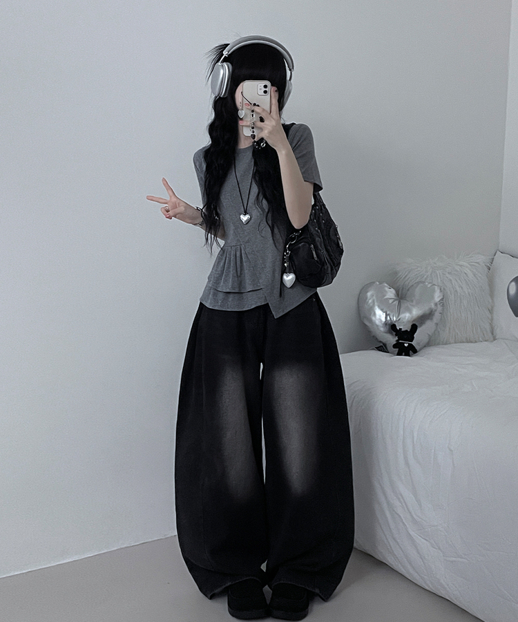 アンバランスフリルラウンド半袖Tシャツ GREY