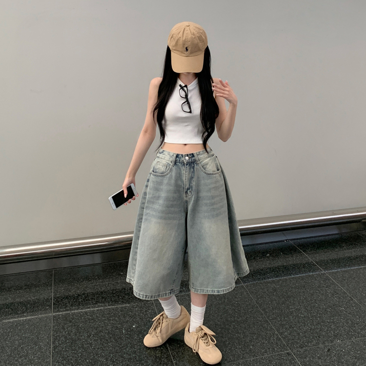 키토 사이드 핀턱 빈티지 워싱 와이드 청 데님 버뮤다 팬츠 연청