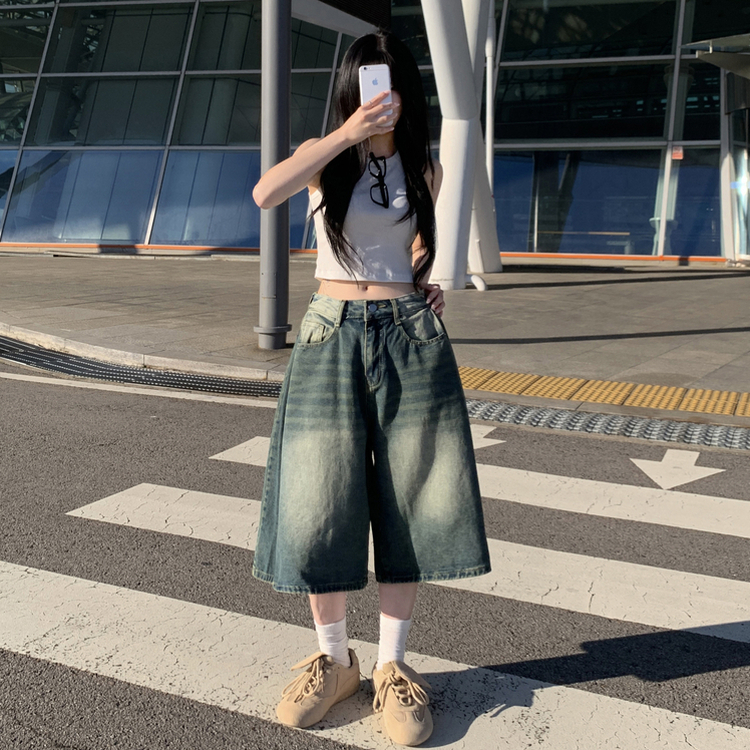 키토 사이드 핀턱 빈티지 워싱 와이드 청 데님 버뮤다 팬츠 중청