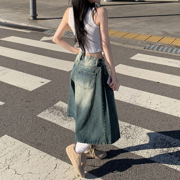 키토 사이드 핀턱 빈티지 워싱 와이드 청 데님 버뮤다 팬츠 중청
