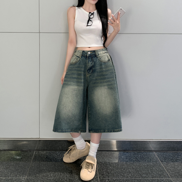 키토 사이드 핀턱 빈티지 워싱 와이드 청 데님 버뮤다 팬츠 중청