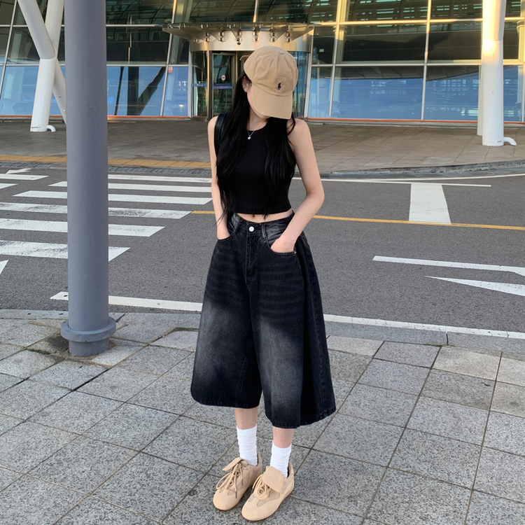 키토 사이드 핀턱 빈티지 워싱 와이드 청 데님 버뮤다 팬츠 흑청