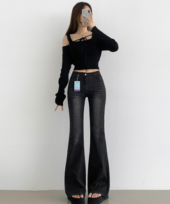 デニム 【丈別】クーリングローライズスパンブーツカットデニムパンツ BLACK DENIM