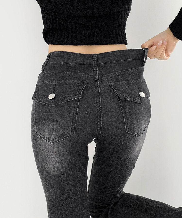【丈別】クーリングローライズスパンブーツカットデニムパンツ BLACK DENIM