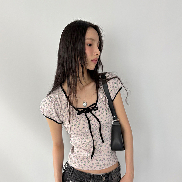 小花フラワーリボンストラップパフ袖半袖Tシャツ PINK