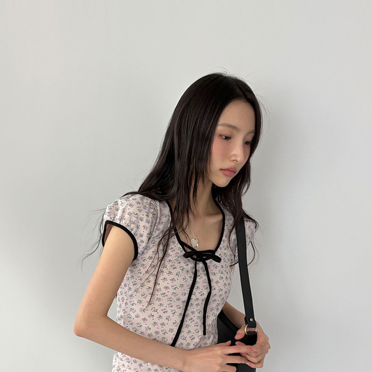 小花フラワーリボンストラップパフ袖半袖Tシャツ PINK