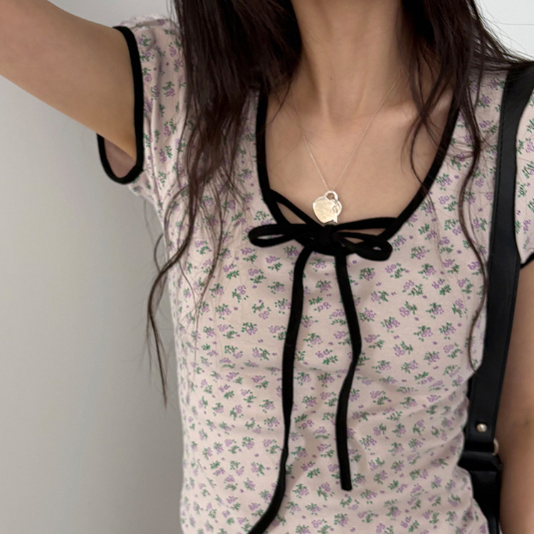 小花フラワーリボンストラップパフ袖半袖Tシャツ PINK