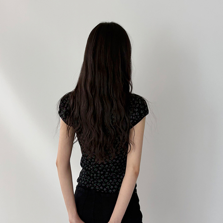 小花フラワーリボンストラップパフ袖半袖Tシャツ BLACK