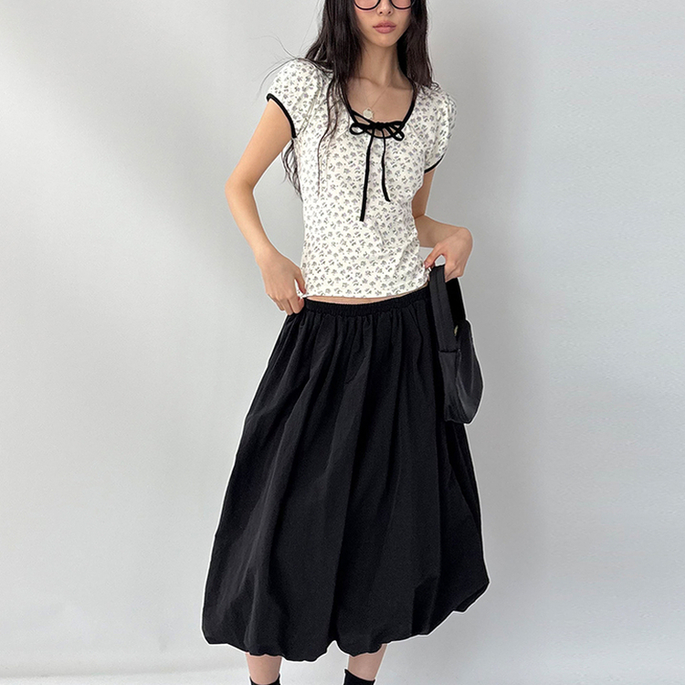 小花フラワーリボンストラップパフ袖半袖Tシャツ CREAM