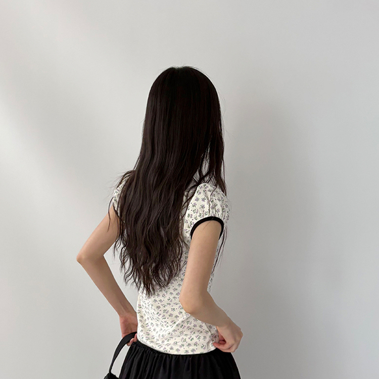 小花フラワーリボンストラップパフ袖半袖Tシャツ CREAM