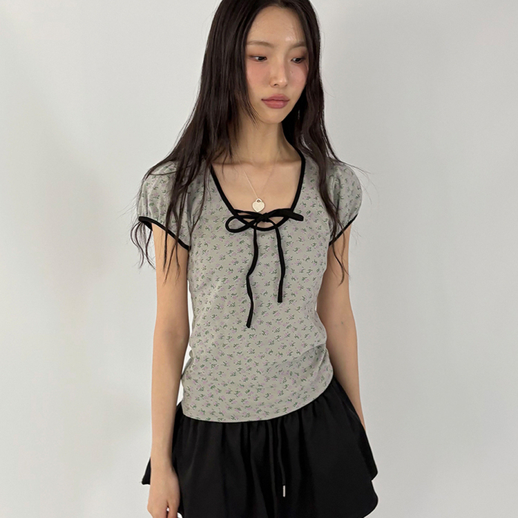 小花フラワーリボンストラップパフ袖半袖Tシャツ MELANGE