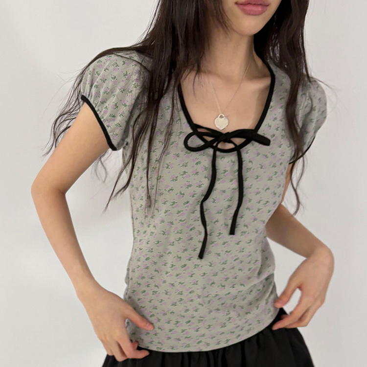 小花フラワーリボンストラップパフ袖半袖Tシャツ MELANGE