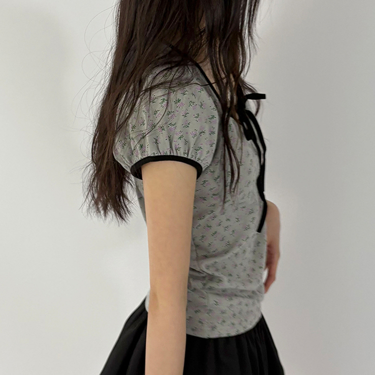 小花フラワーリボンストラップパフ袖半袖Tシャツ MELANGE