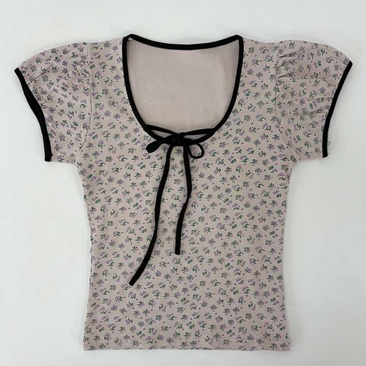 小花フラワーリボンストラップパフ袖半袖Tシャツ