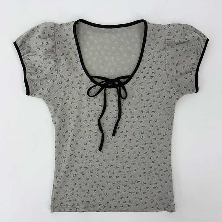 小花フラワーリボンストラップパフ袖半袖Tシャツ