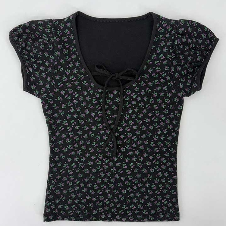 小花フラワーリボンストラップパフ袖半袖Tシャツ