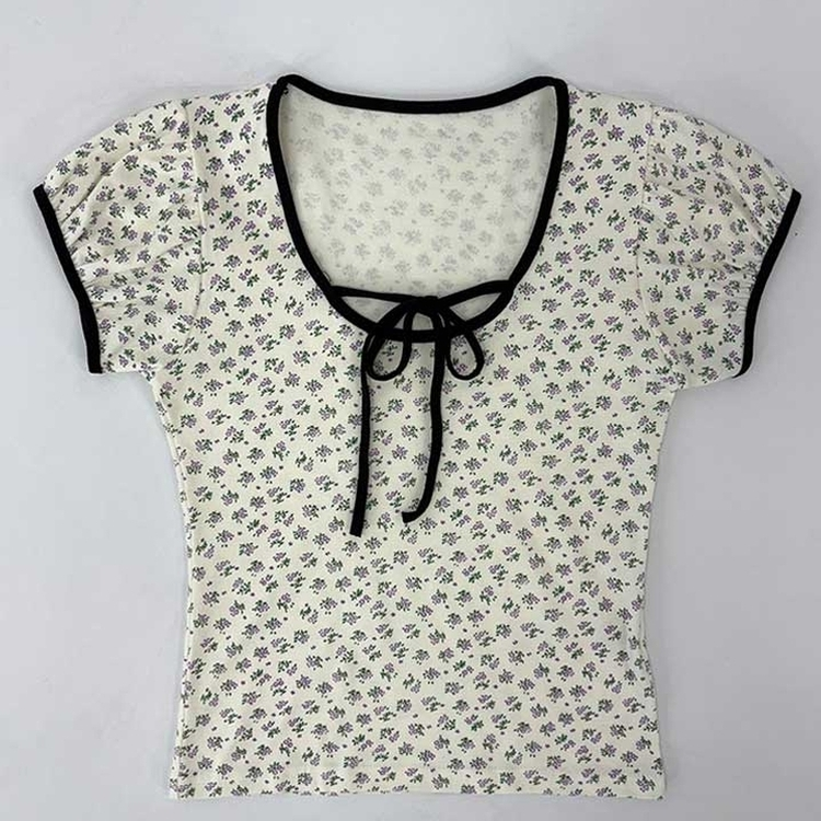 小花フラワーリボンストラップパフ袖半袖Tシャツ