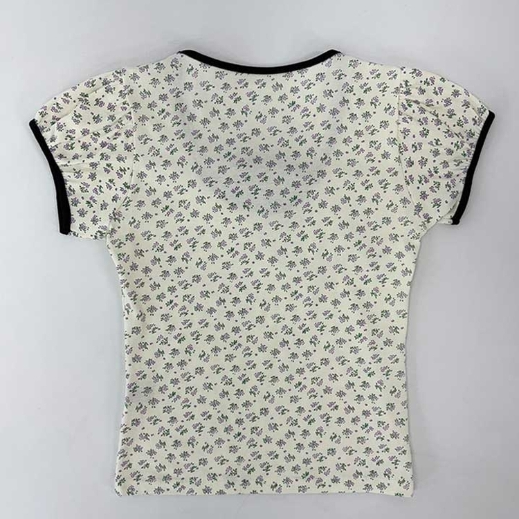 小花フラワーリボンストラップパフ袖半袖Tシャツ