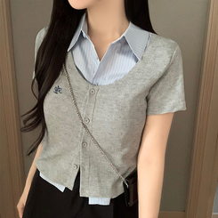 半袖Tシャツ シャツレイヤード刺繍半袖カーディガン GREY