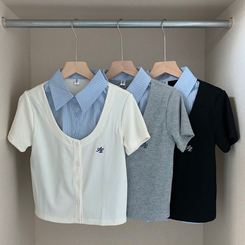 半袖Tシャツ シャツレイヤード刺繍半袖カーディガン