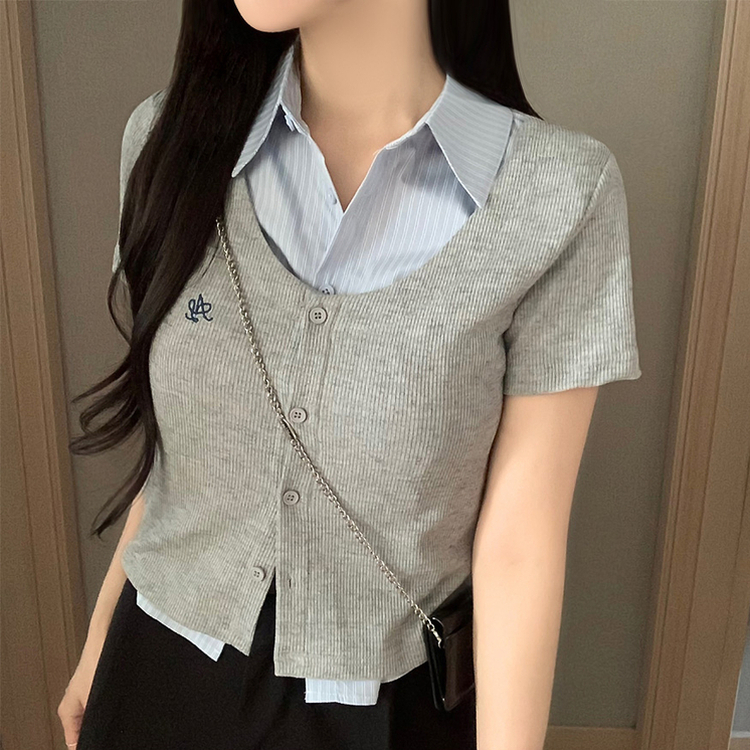 シャツレイヤード刺繍半袖カーディガン GREY