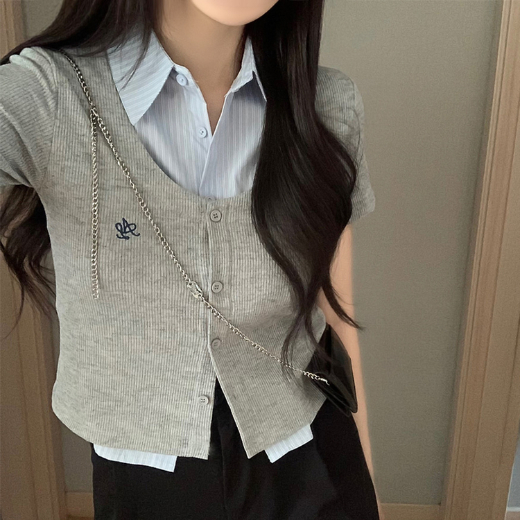 シャツレイヤード刺繍半袖カーディガン GREY