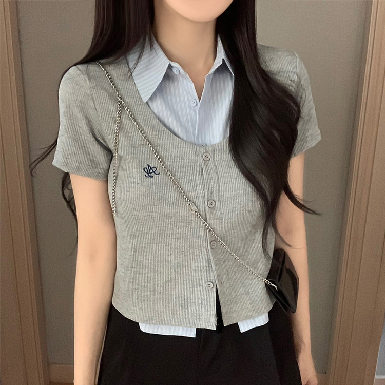 シャツレイヤード刺繍半袖カーディガン GREY