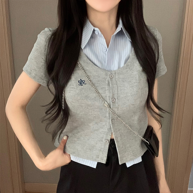 シャツレイヤード刺繍半袖カーディガン GREY