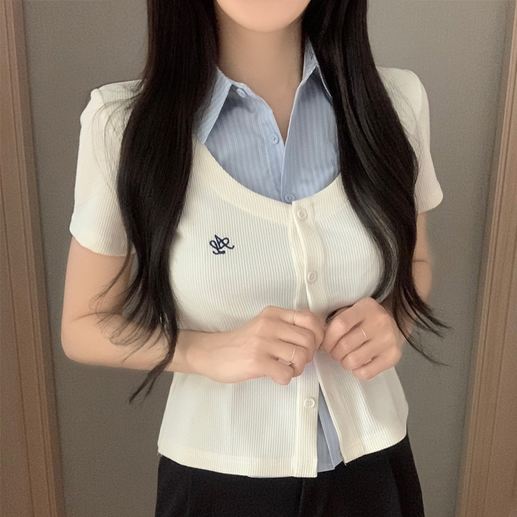 シャツレイヤード刺繍半袖カーディガン IVORY