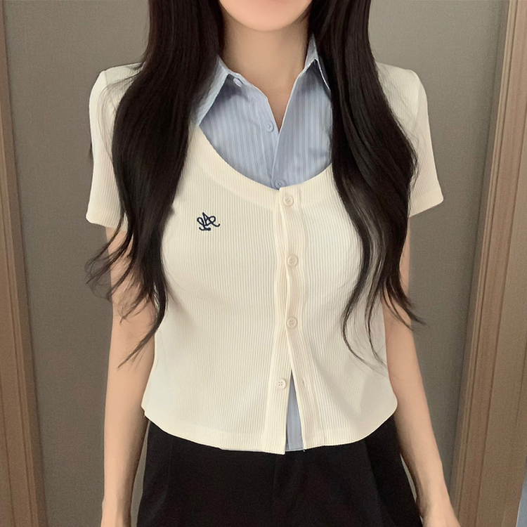 シャツレイヤード刺繍半袖カーディガン IVORY