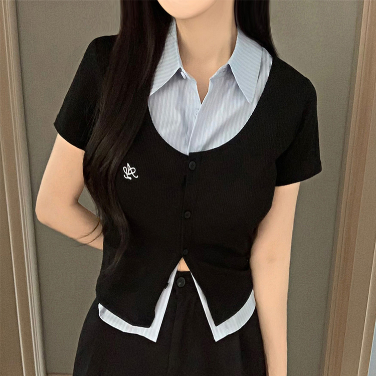 シャツレイヤード刺繍半袖カーディガン BLACK